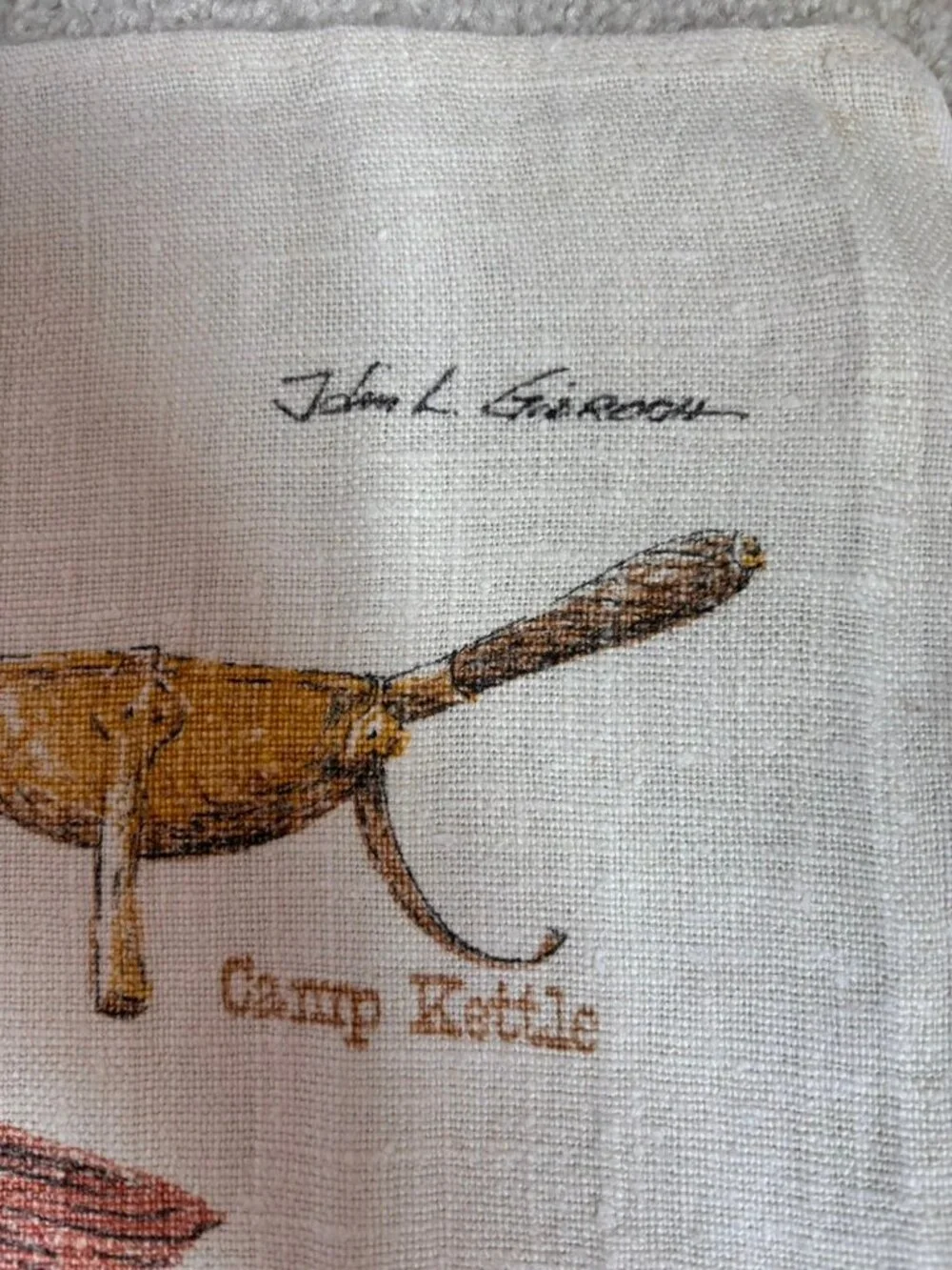 Vintage printed linen tea towel colonial-era brass and copper items